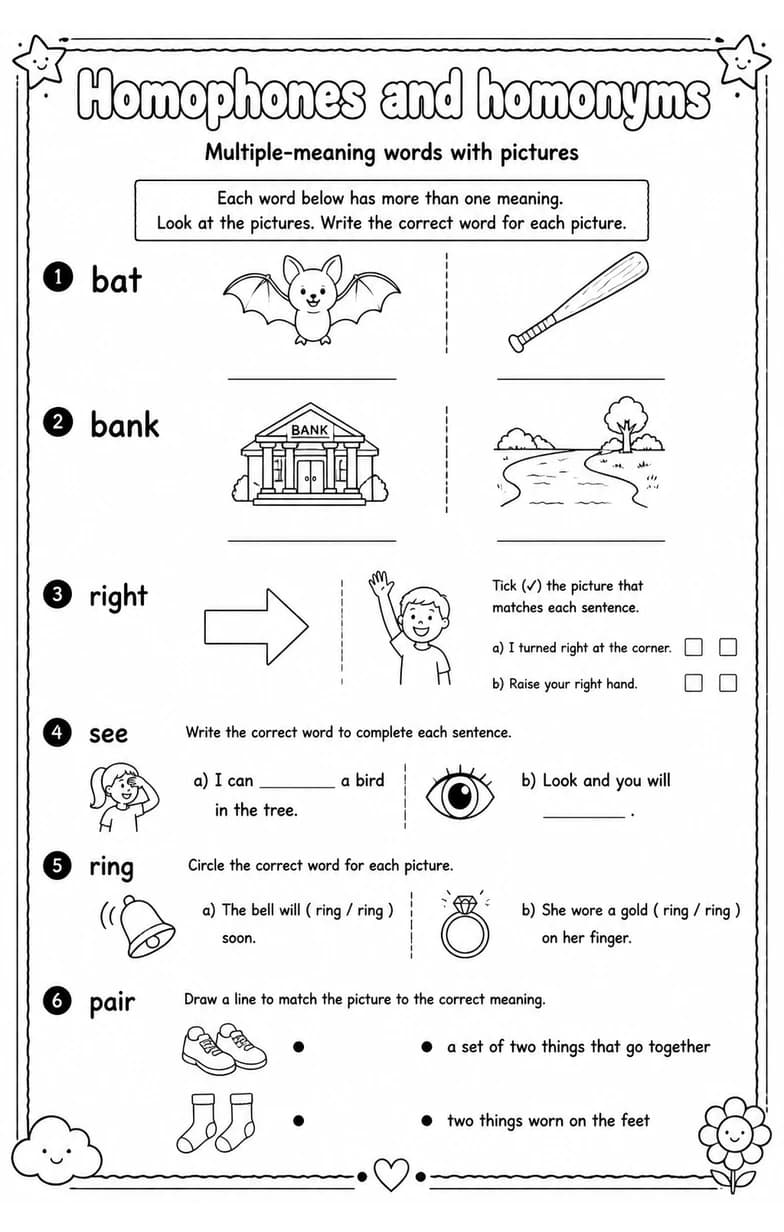 Multiple-meaning words with pictures — free printable Grade 2 English & Reading worksheet