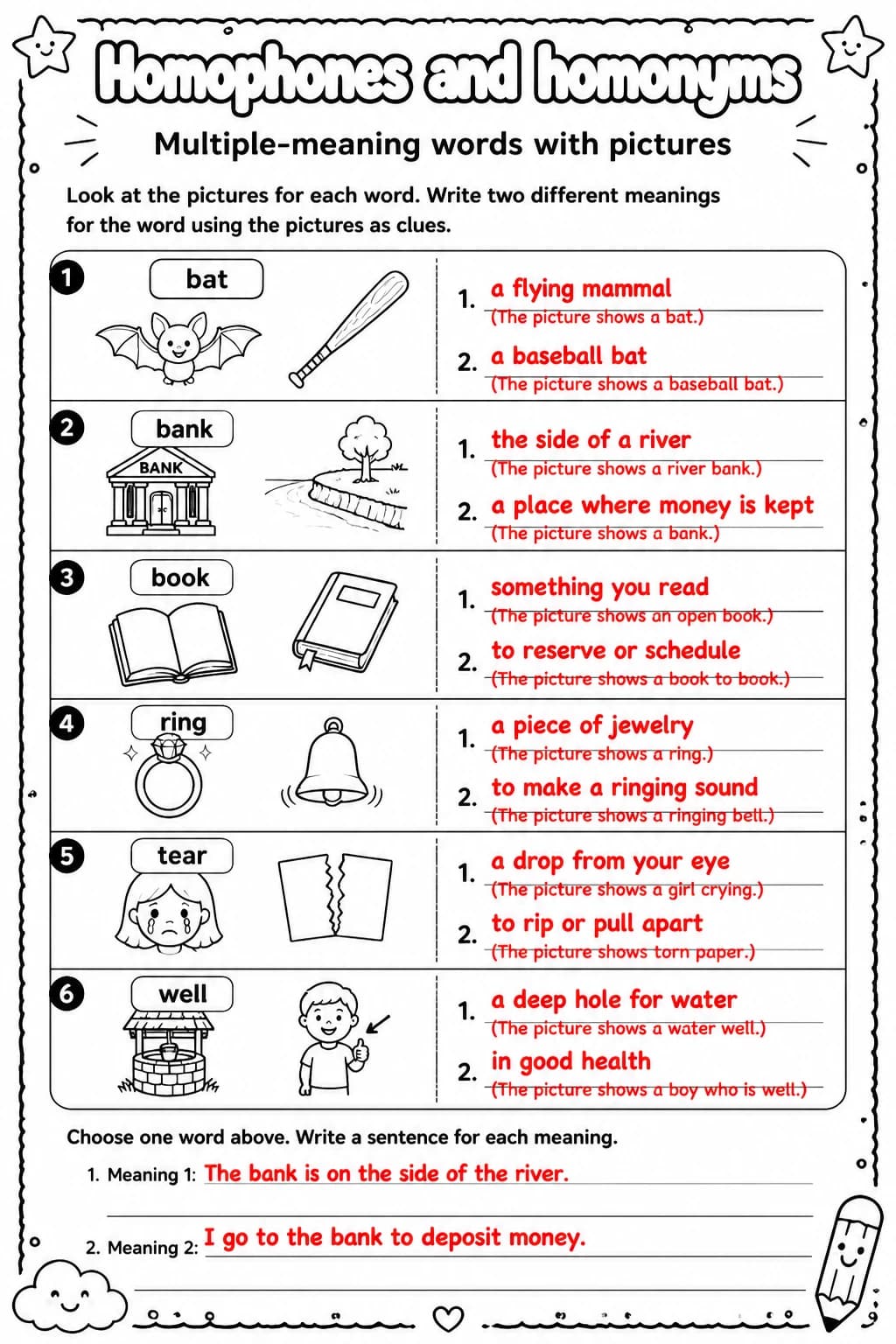 Answer key for Multiple-meaning words with pictures — free printable English & Reading worksheet