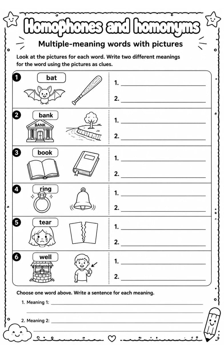 Multiple-meaning words with pictures — free printable Grade 3 English & Reading worksheet