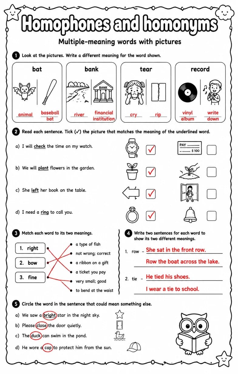 Answer key for Multiple-meaning words with pictures — free printable English & Reading worksheet