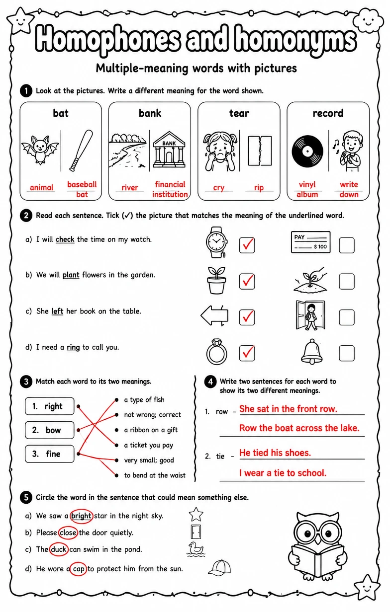 Answer key for Multiple-meaning words with pictures — free printable English & Reading worksheet