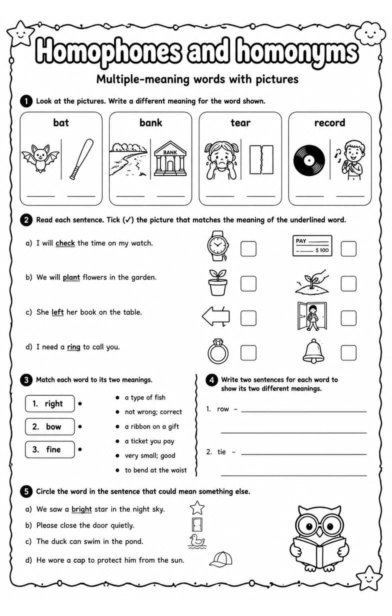 Multiple-meaning words with pictures — free printable Grade 4 English & Reading worksheet