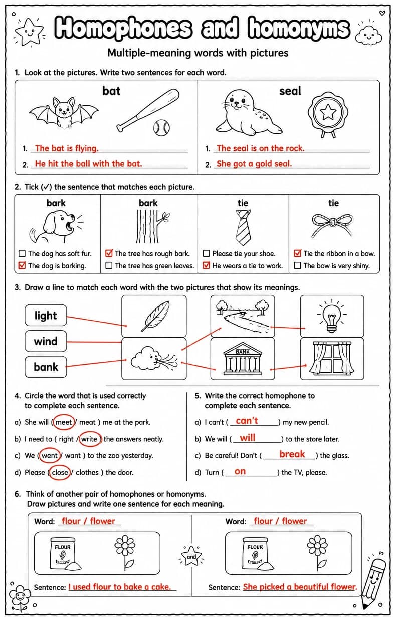 Answer key for Multiple-meaning words with pictures — free printable English & Reading worksheet