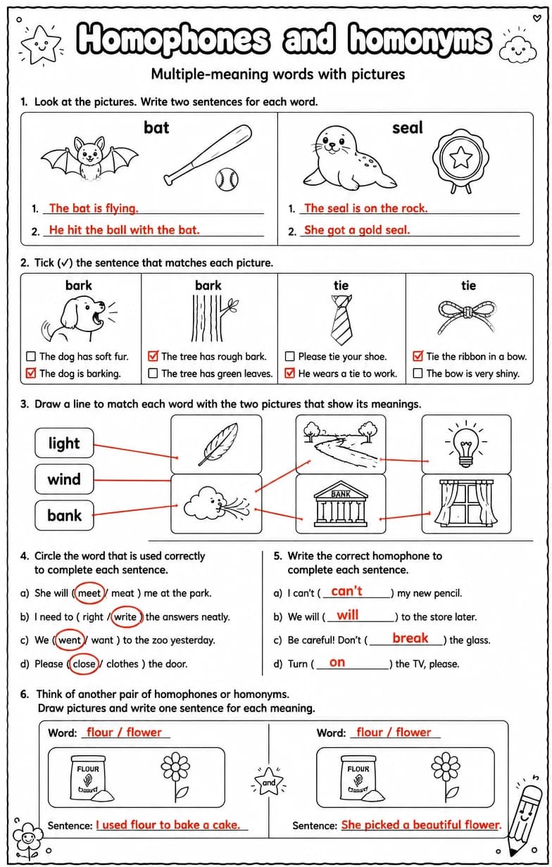 Answer key for Multiple-meaning words with pictures — free printable English & Reading worksheet