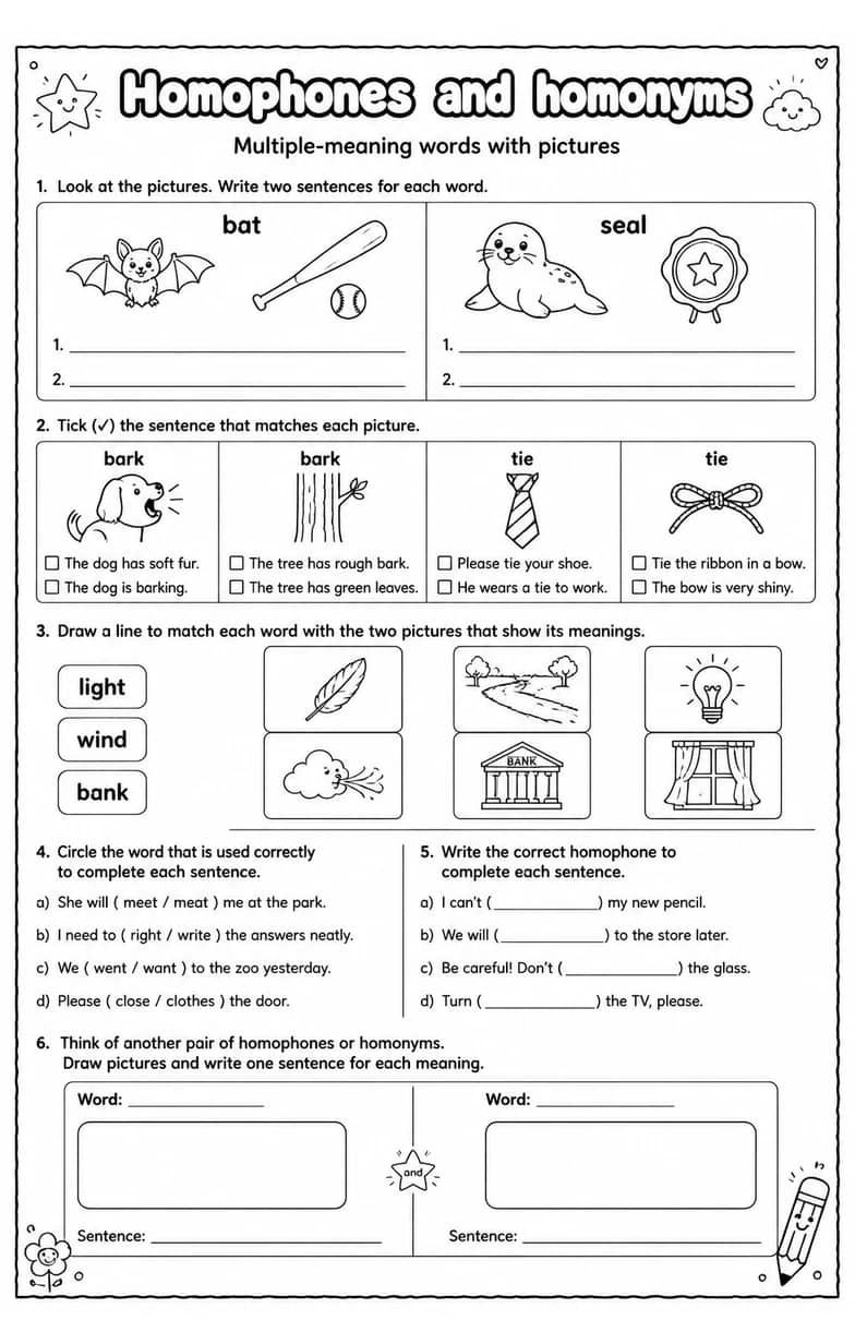 Multiple-meaning words with pictures — free printable Vocabulary English worksheet