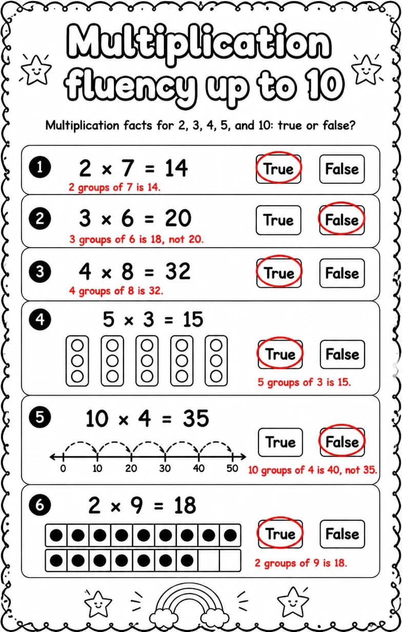 Answer key for Multiplication facts for 2, 3, 4, 5, and 10: true or false? — free printable Math worksheet