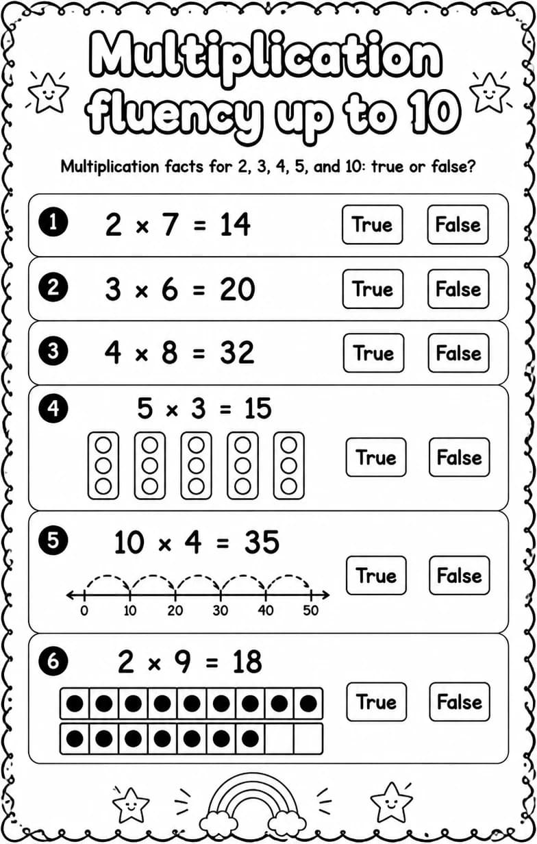 Multiplication facts for 2, 3, 4, 5, and 10: true or false? — free printable Grade 3 Math worksheet