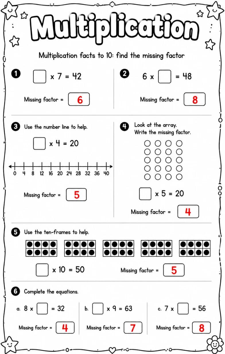 Answer key for Multiplication facts to 10: find the missing factor — free printable Math worksheet