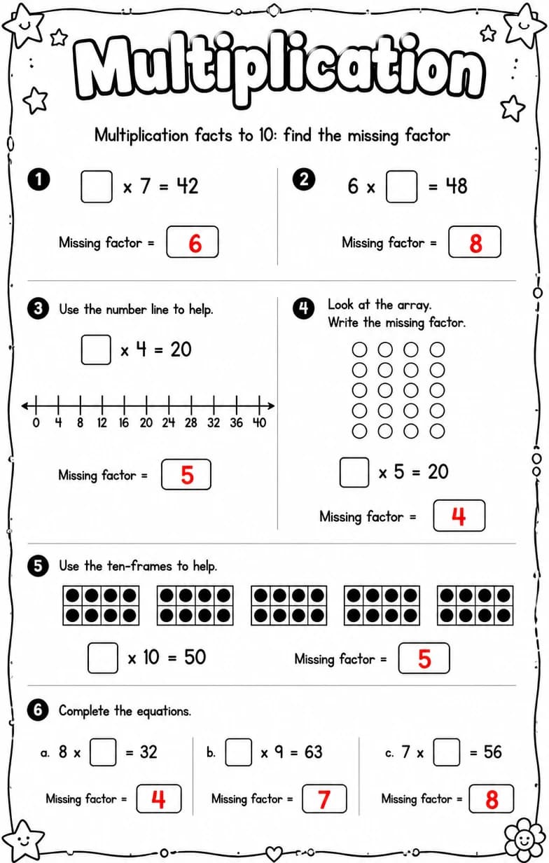 Answer key for Multiplication facts to 10: find the missing factor — free printable Math worksheet