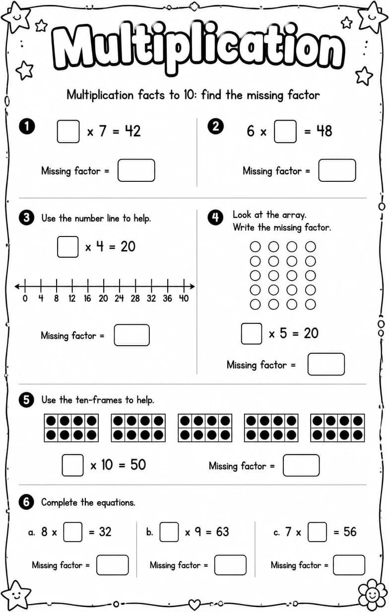 Multiplication facts to 10: find the missing factor — free printable Grade 4 Math worksheet