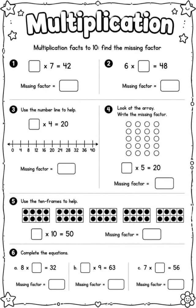 Multiplication facts to 10: find the missing factor