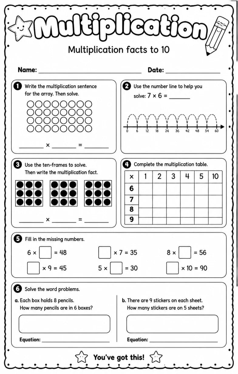 Multiplication facts to 10 — free printable Grade 4 math worksheet