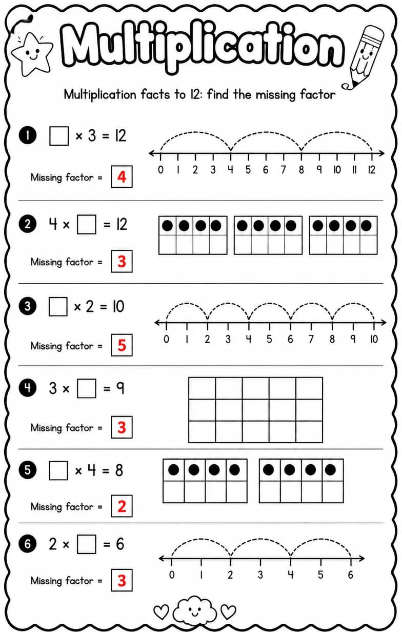 Answer key for Multiplication facts to 12: find the missing factor — free printable Math worksheet