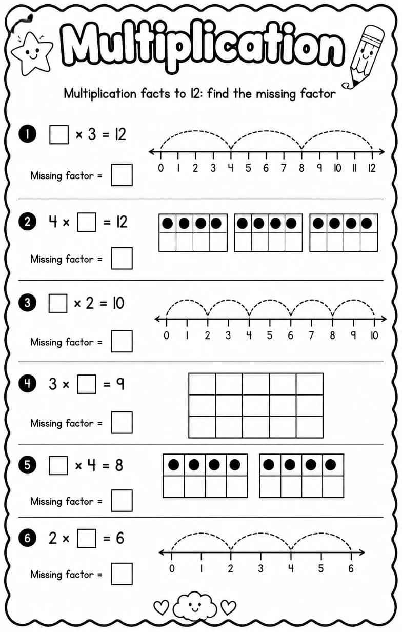 Multiplication facts to 12: find the missing factor — free printable Grade 4 math worksheet