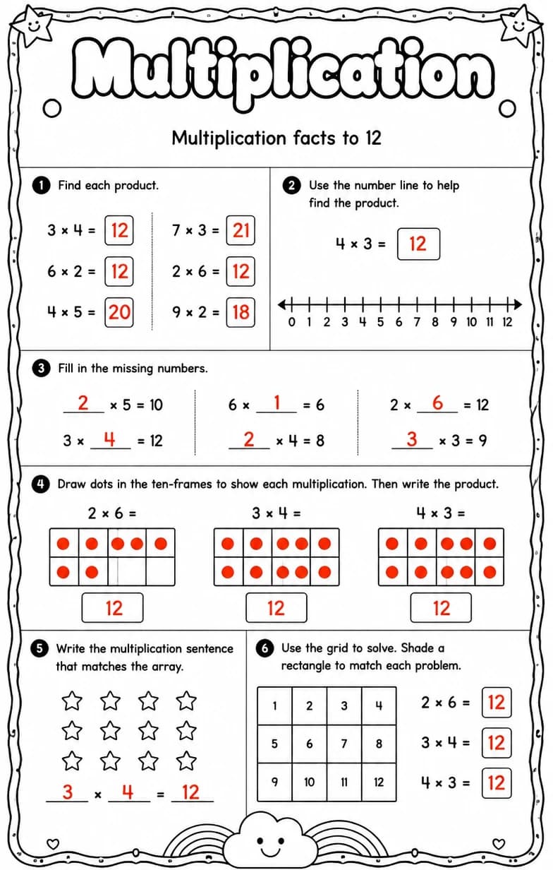 Answer key for Multiplication facts to 12 — free printable Math worksheet