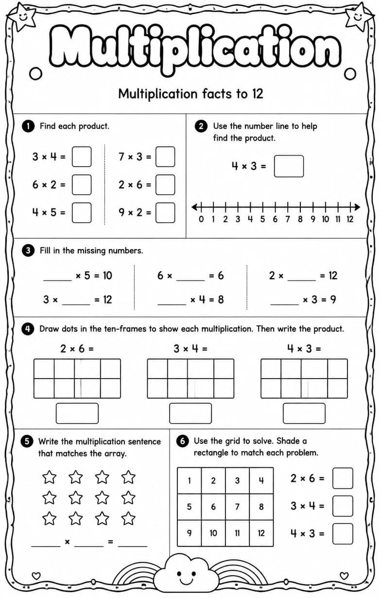 Multiplication facts to 12 — free printable Grade 4 math worksheet