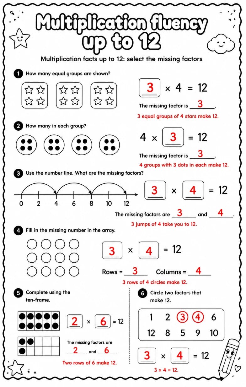 Answer key for Multiplication facts up to 12: select the missing factors — free printable Math worksheet