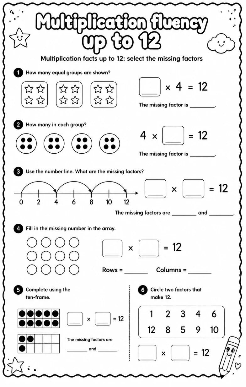 Multiplication facts up to 12: select the missing factors — free printable Grade 3 math worksheet