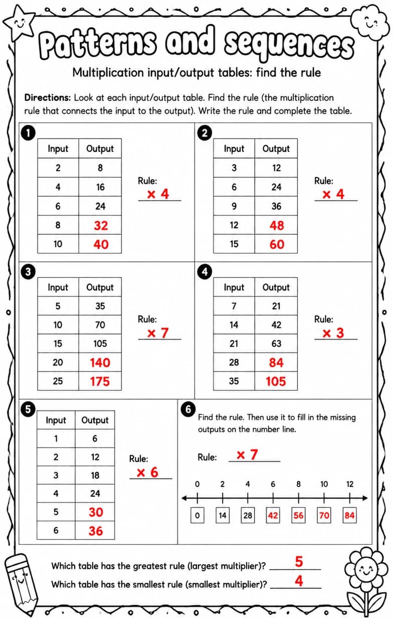 Answer key for Multiplication input/output tables: find the rule — free printable Math worksheet
