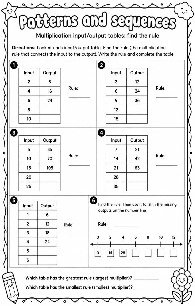 Multiplication input/output tables: find the rule — free printable Grade 4 Math worksheet