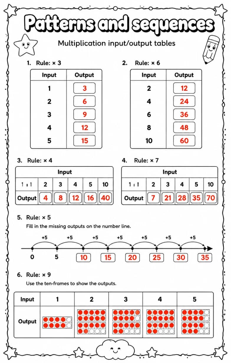 Answer key for Multiplication input/output tables — free printable Math worksheet