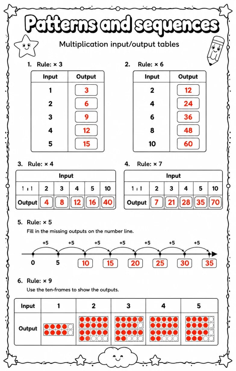 Answer key for Multiplication input/output tables — free printable Math worksheet