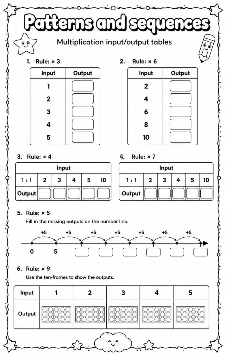 Multiplication input/output tables — free printable Grade 4 math worksheet