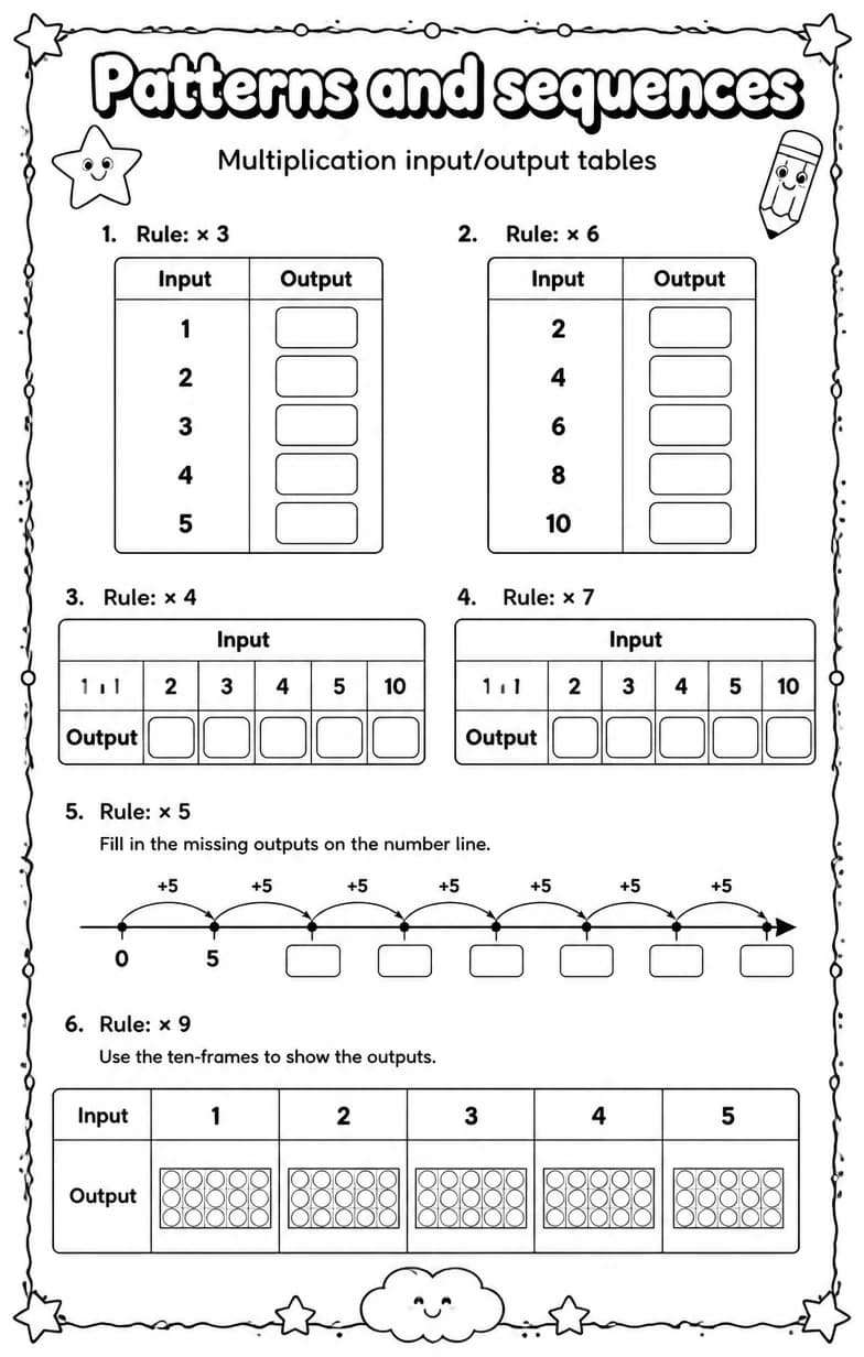 Multiplication input/output tables — free printable Grade 4 Math worksheet