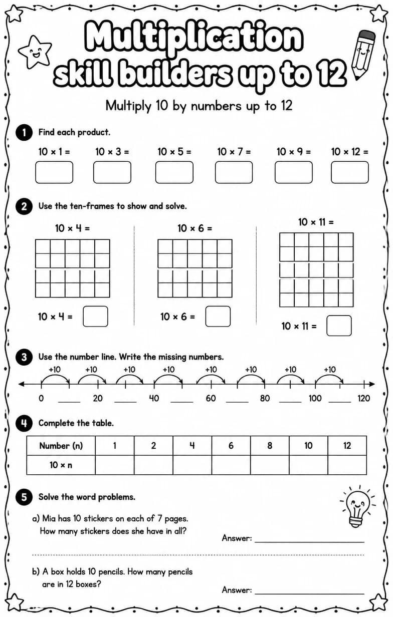 Multiply 10 by numbers up to 12 — free printable Grade 3 math worksheet