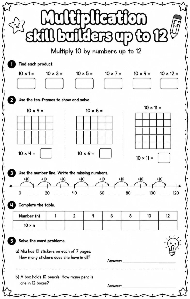Multiply 10 by numbers up to 12 — free printable Grade 3 math worksheet