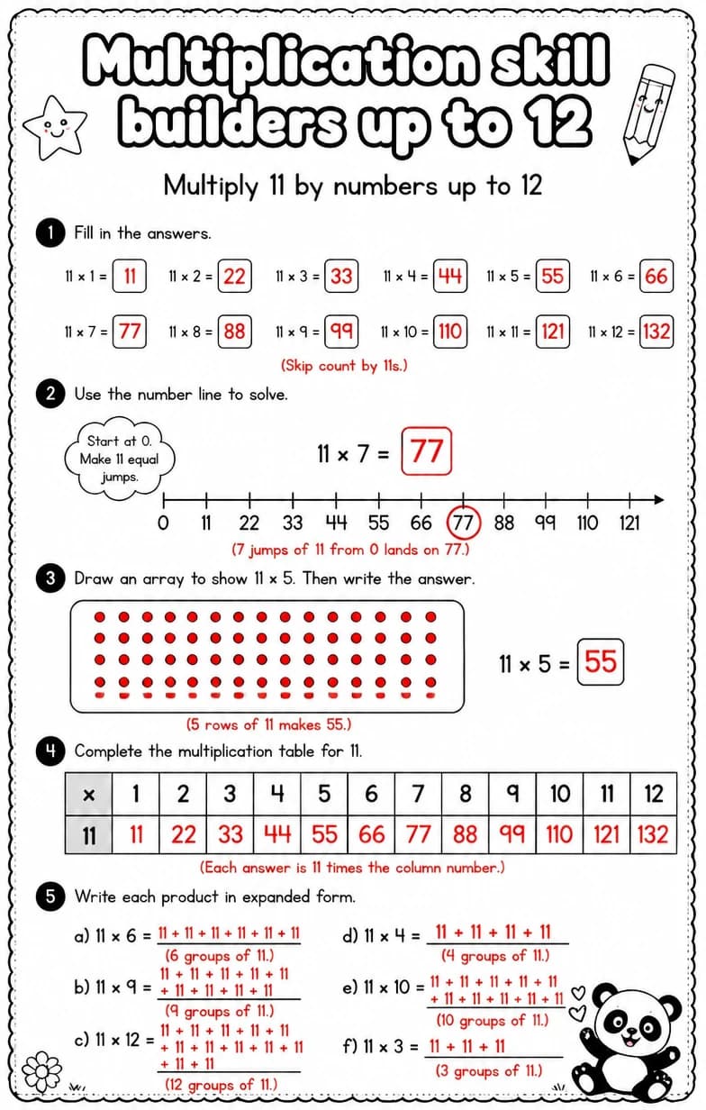 Answer key for Multiply 11 by numbers up to 12 — free printable Math worksheet