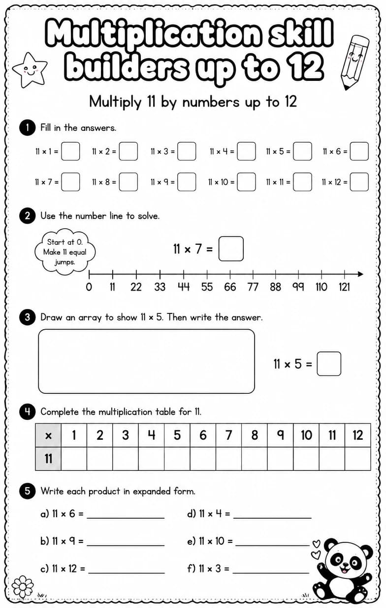 Multiply 11 by numbers up to 12 — free printable Grade 3 Math worksheet