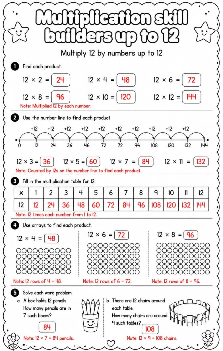 Answer key for Multiply 12 by numbers up to 12 — free printable Math worksheet