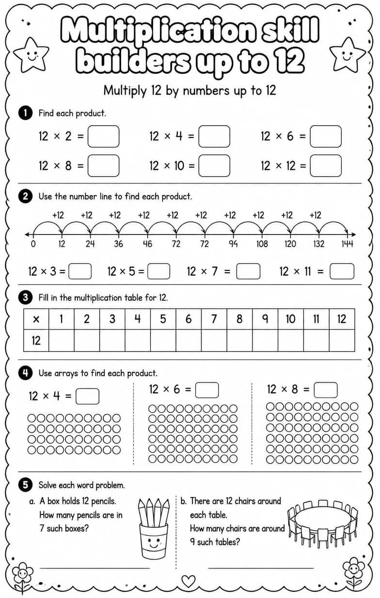 Multiply 12 by numbers up to 12 — free printable Grade 3 math worksheet