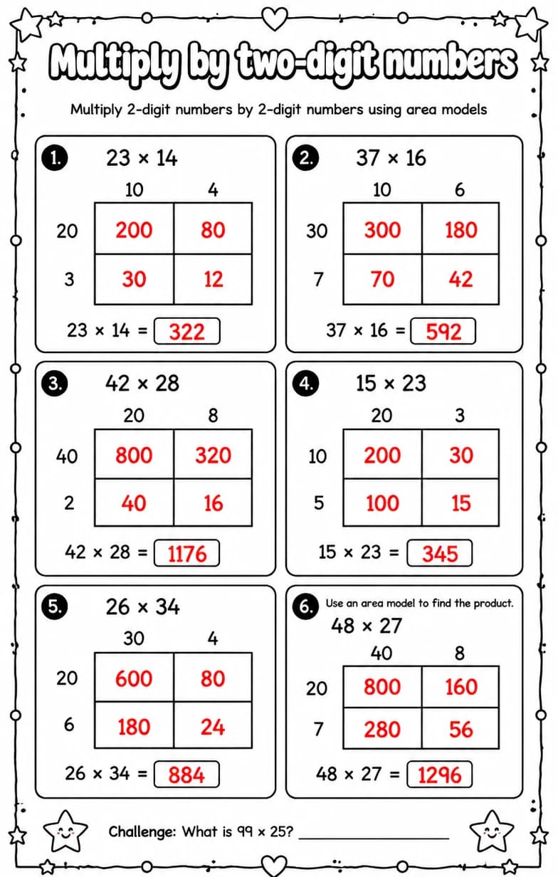 Answer key for Multiply 2-digit numbers by 2-digit numbers using area models — free printable Math worksheet