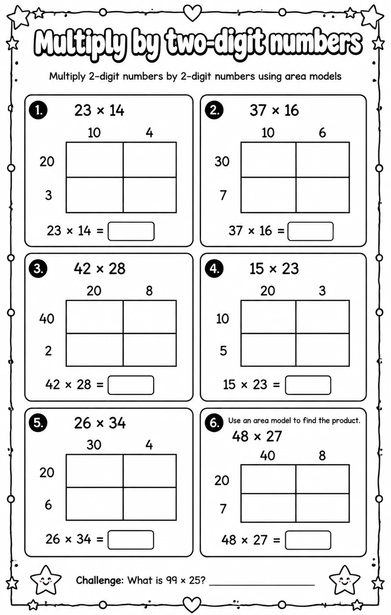 Multiply 2-digit numbers by 2-digit numbers using area models — free printable Grade 4 Math worksheet
