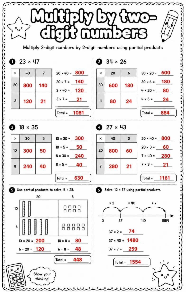 Answer key for Multiply 2-digit numbers by 2-digit numbers using partial products — free printable Math worksheet
