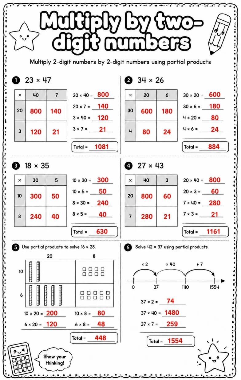 Answer key for Multiply 2-digit numbers by 2-digit numbers using partial products — free printable Math worksheet