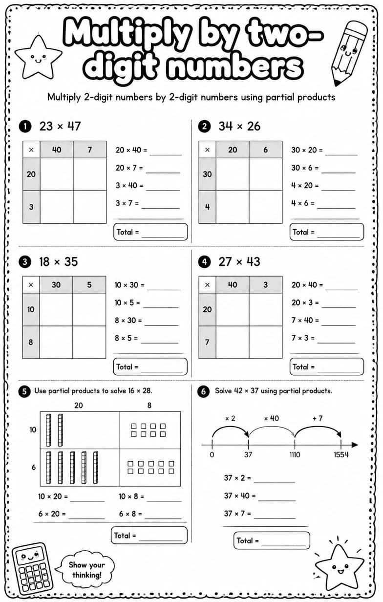 Multiply 2-digit numbers by 2-digit numbers using partial products — free printable Grade 4 Math worksheet