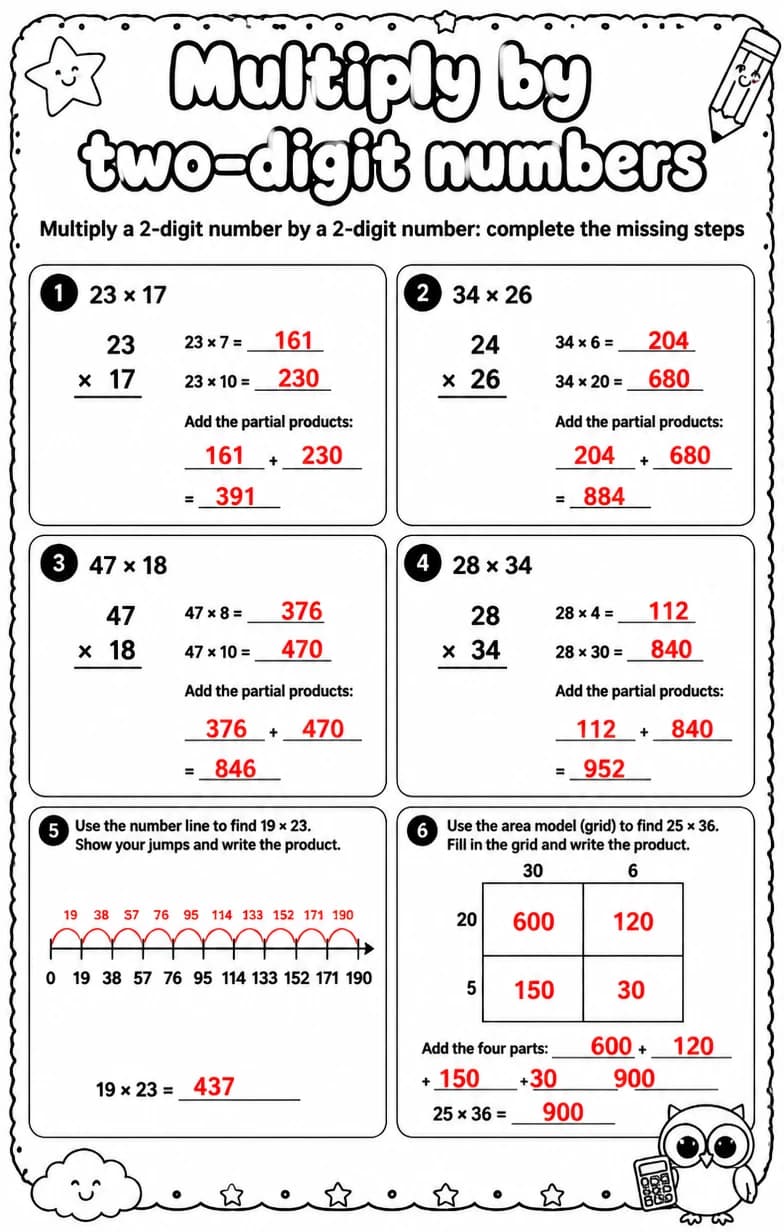Answer key for Multiply a 2-digit number by a 2-digit number: complete the missing steps — free printable Math worksheet