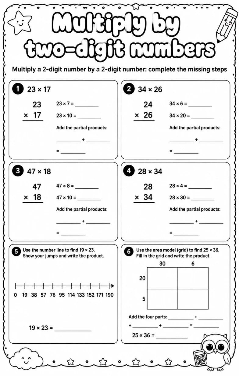 Multiply a 2-digit number by a 2-digit number: complete the missing steps — free printable Grade 4 Math worksheet