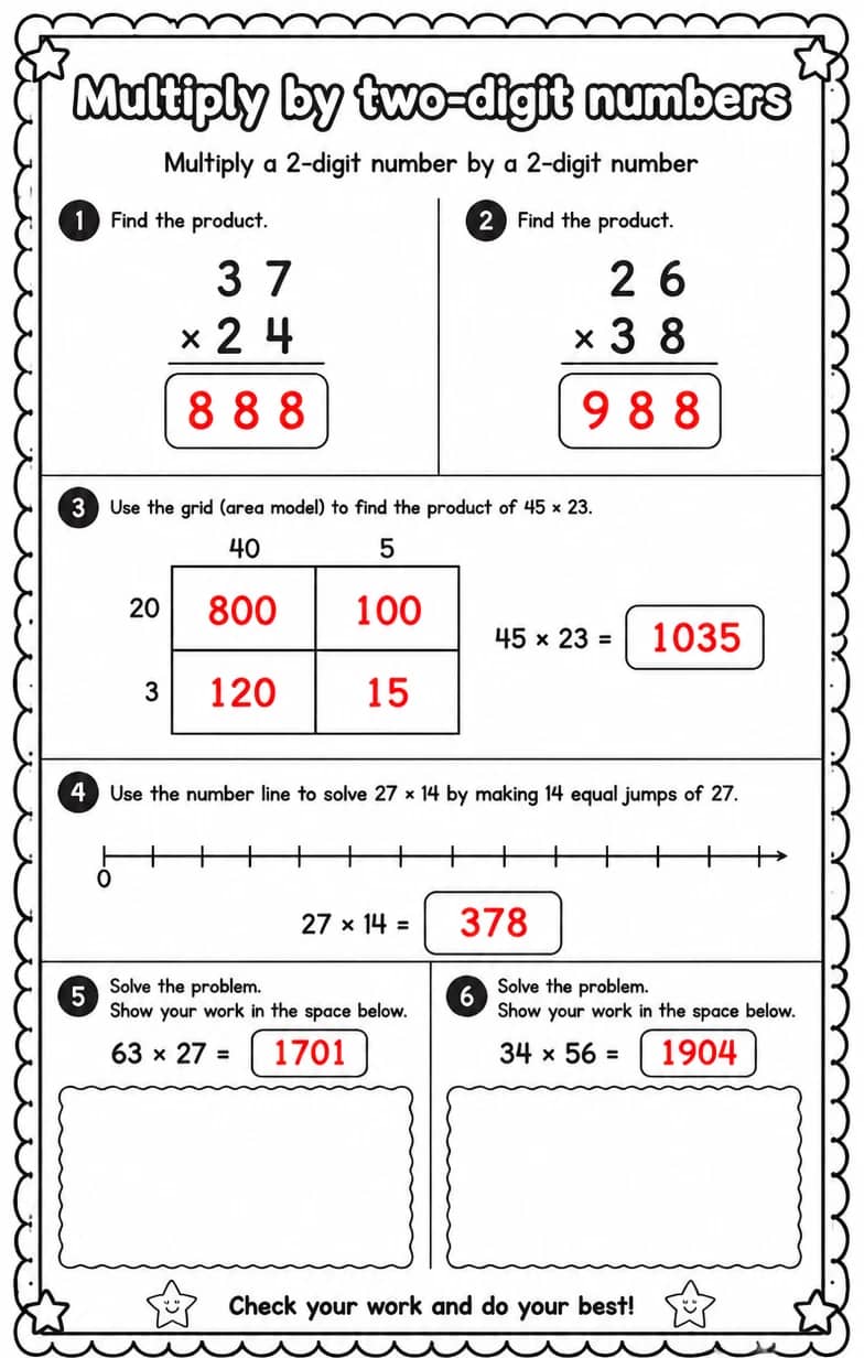Answer key for Multiply a 2-digit number by a 2-digit number — free printable Math worksheet