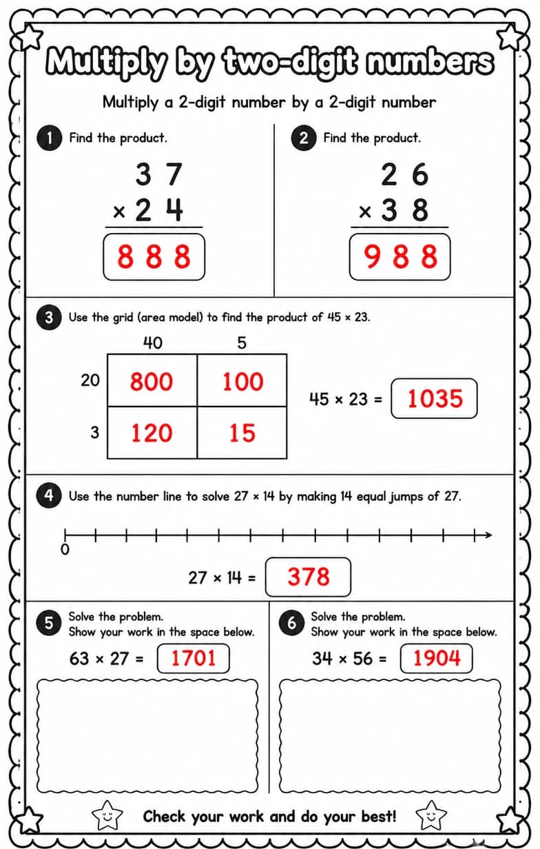 Answer key for Multiply a 2-digit number by a 2-digit number — free printable Math worksheet