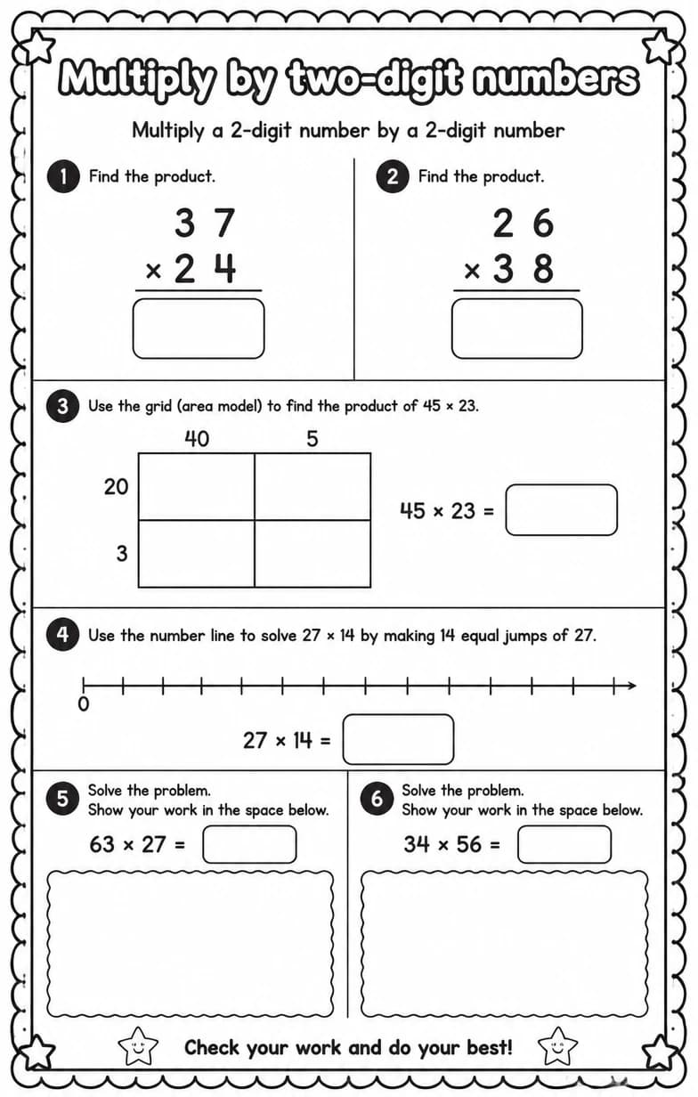 Multiply a 2-digit number by a 2-digit number — free printable Grade 4 math worksheet