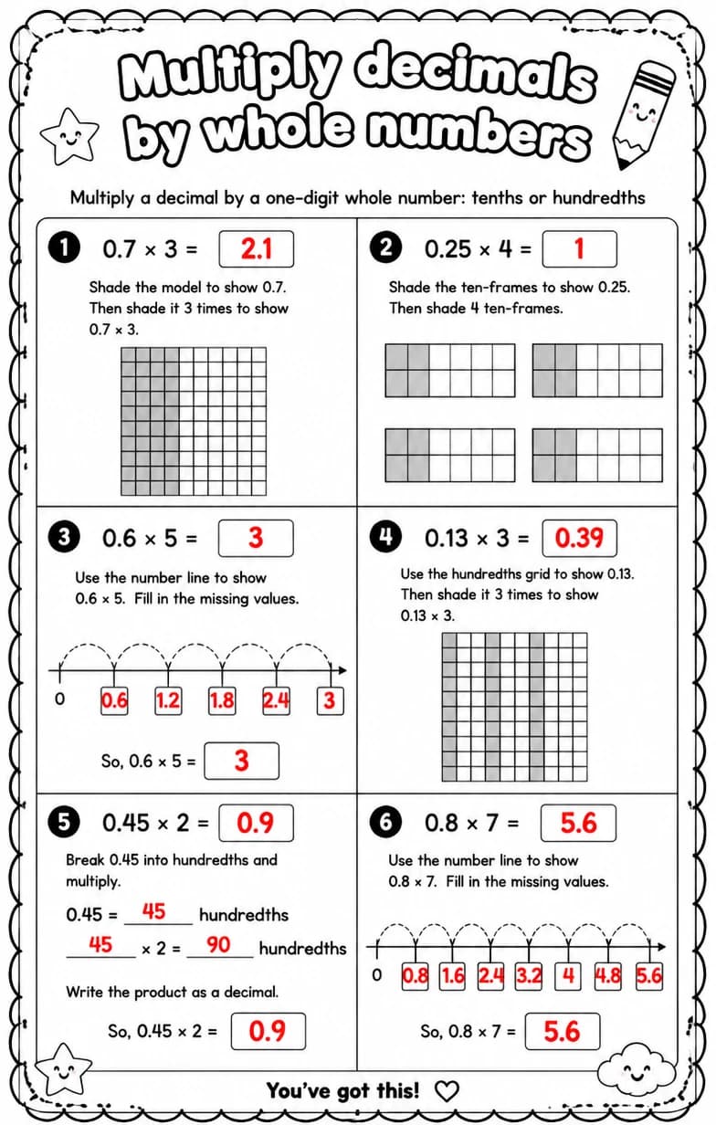 Answer key for Multiply a decimal by a one-digit whole number: tenths or hundredths — free printable Math worksheet