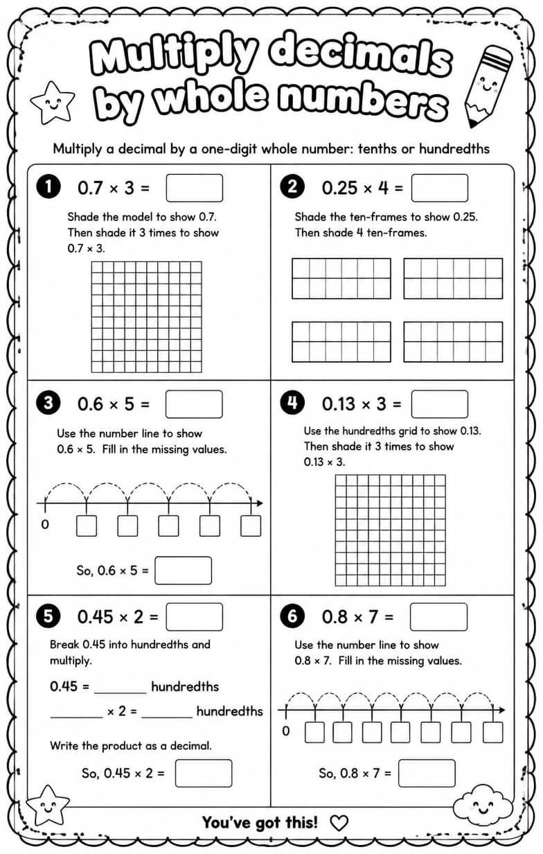 Multiply a decimal by a one-digit whole number: tenths or hundredths — free printable Grade 5 Math worksheet