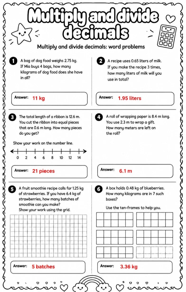 Answer key for Multiply and divide decimals: word problems — free printable Math worksheet