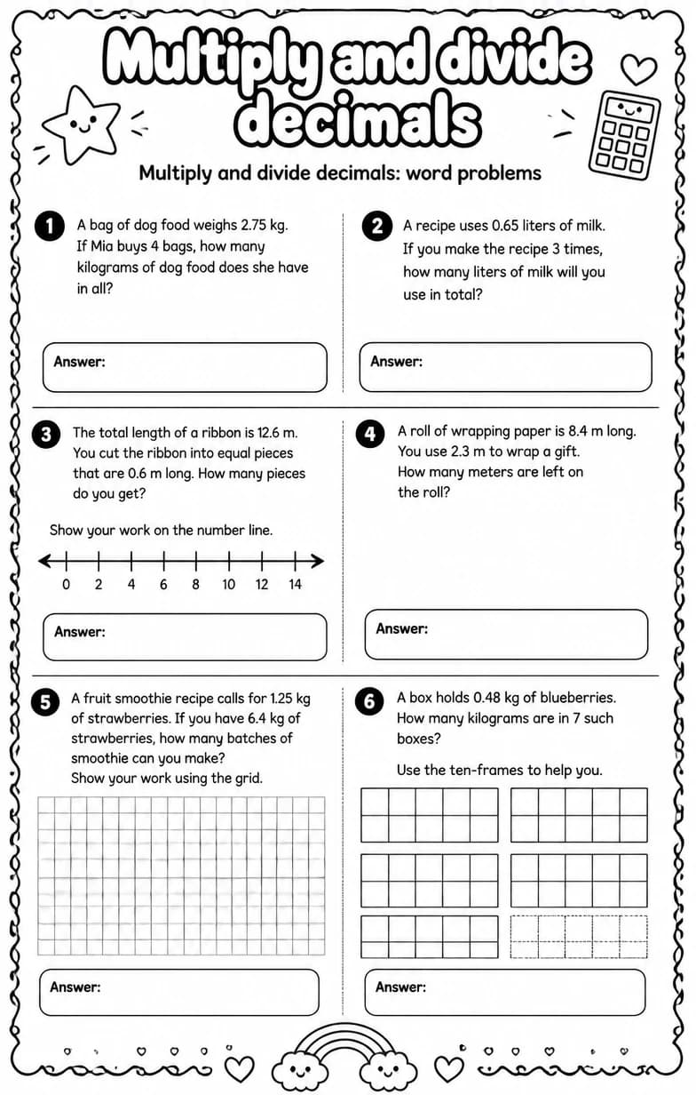 Multiply and divide decimals: word problems — free printable Grade 6 math worksheet