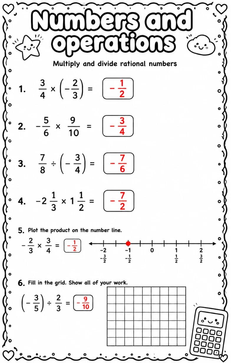 Answer key for Multiply and divide rational numbers — free printable Math worksheet
