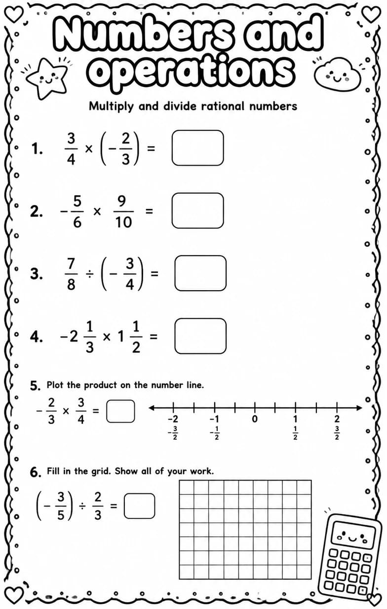 Multiply and divide rational numbers — free printable High School Math worksheet